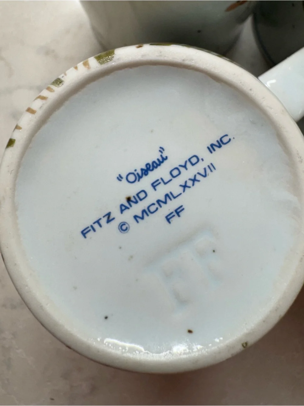 Fitz and Floyd Hand-Painted Bird Mugs in Blue, Yellow & Green